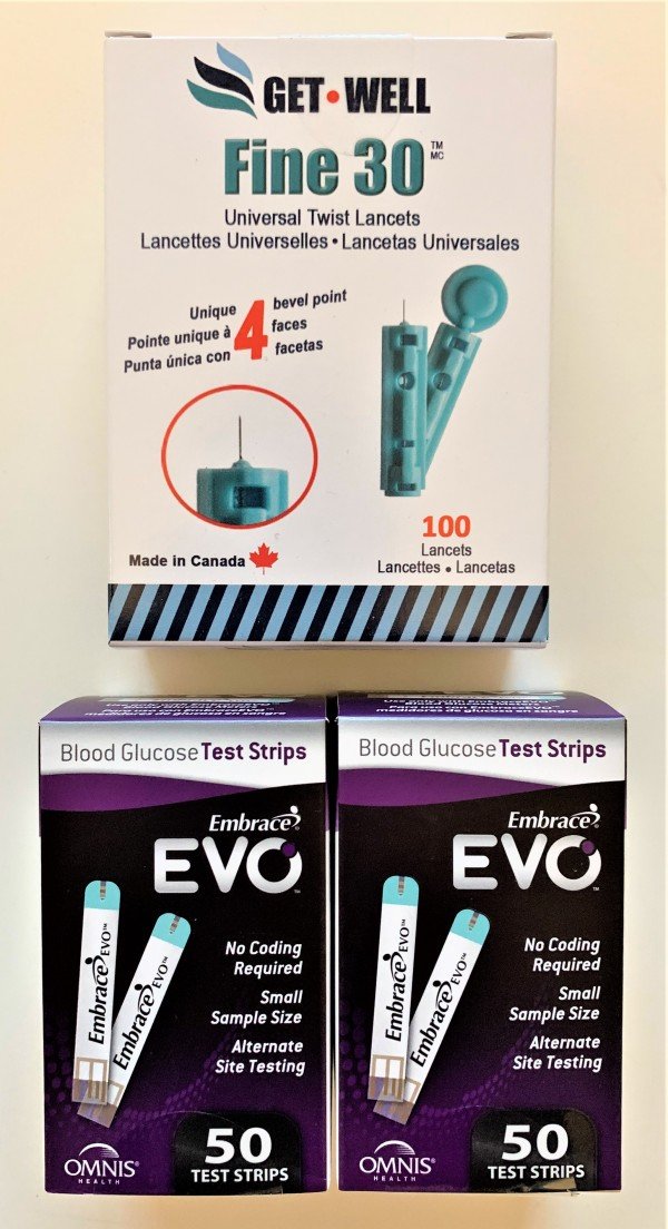 Embrace EVO Blood Glucose Test Strips 100 Ct. & GET•WELL FINE 30G UNIVERSAL TWIST LANCETS 100 CT 