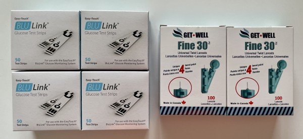 EasyTouch BLU LINK 200 CT Blood Glucose Test Strips & GET•WELL Fine 30g Universal Twist Lancets 200 CT - Made in Canada !