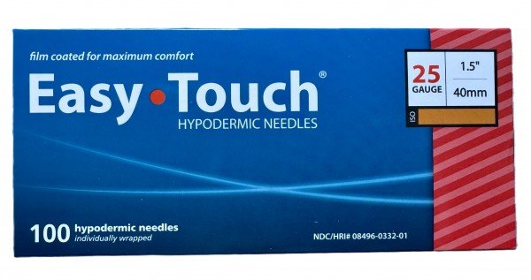 EasyTouch Hypodermic Needles 25g x 1.5" (40mm) - Box of 100