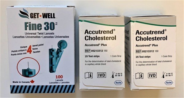 ACCUTREND PLUS CHOLESTEROL TEST STRIPS 50 CT (Expiration ) & GET•WELL FINE 30G UNIVERSAL TWIST LANCETS 100 CT