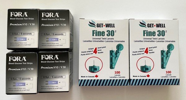 FORA V30/G30/PREMIUM V10 BLOOD GLUCOSE TEST STRIPS 200 CT. & GET•WELL FINE 30G UNIVERSAL TWIST LANCETS 200 CT.