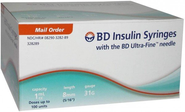 BD Ultra-Fine Insulin Syringes 31G 1cc 5/16" (8mm) BD Item # 328289 - Box of 90  