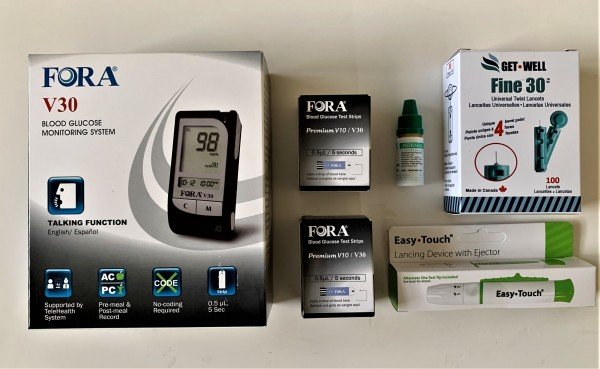 FORA V30 METER, GET•WELL FINE 30G UNIVERSAL TWIST LANCETS 100 CT, 100 TEST STRIPS, LANCING DEVICE, CONTROL SOLUTION, LOGBOOK, CARRYING CASE
