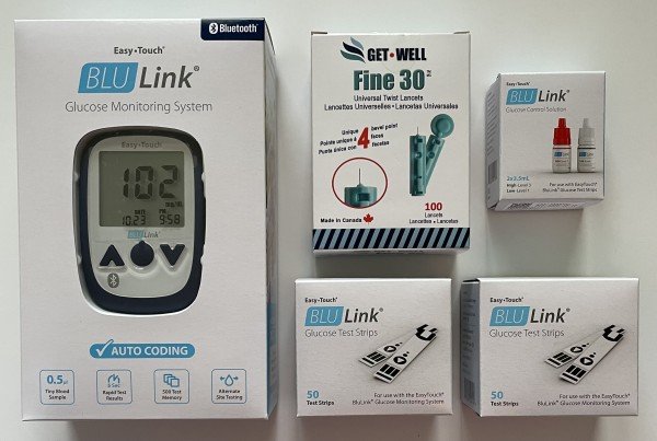 EasyTouch BLU Link Meter Starter Kit - Includes Meter kIt, 100 Blu LInk Test Strips, Blu Link Hi & Lo Control Solution & GET•WELL Fine 30g Universal Twist Lancets 100 Ct. - Made in Canada !