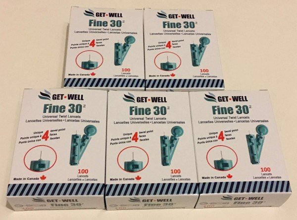 GET•WELL Fine 30g Universal Twist Lancets - Made in Canada ! Unique 4 Bevel Tip Offers Quick Healing & Less Pain ! 5 Boxes (500 Lancets)