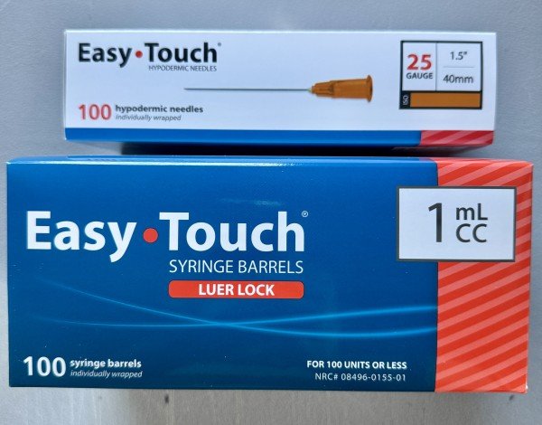 EasyTouch 1ml Luerlock Syringe Barrel with 25g x 1.5" (40mm) Needle - 100 Each.