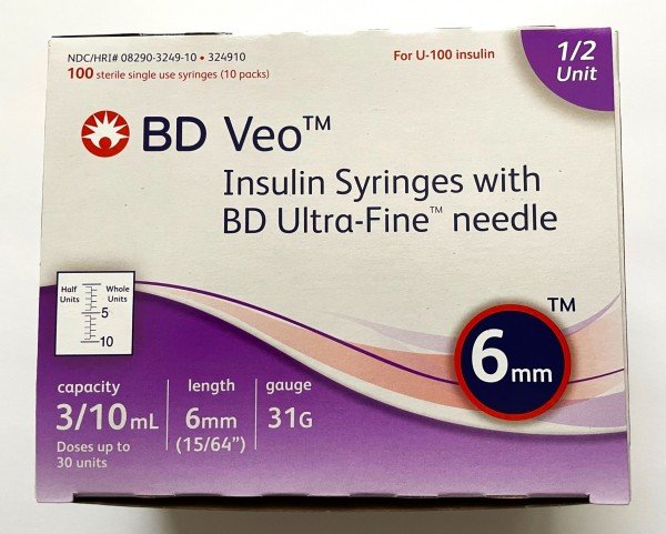 BD Veo™ Insulin Syringes Half Unit Scale Ultra-Fine™ Needle 31G 0.3cc 1/4" (6mm) BD Item # 324910 - Box of 100