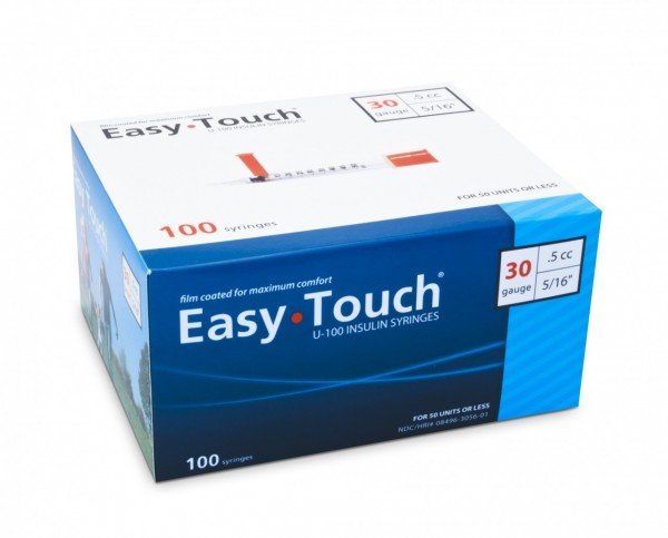 EasyTouch® U-100 Insulin Syringes 30g 0.5cc 5/16" Needle Length - Box of 100 
