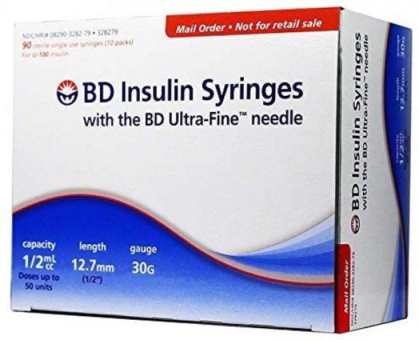 BD Ultra-Fine Insulin Syringes 30G 0.5cc  1/2" (12.7mm) BD Item # 328279 - Box of 90