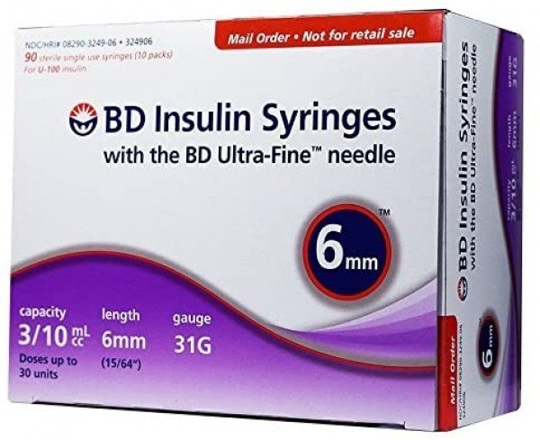 BD Ultra-Fine Insulin Syringes 31G 0.3cc  1/4" (6mm) BD Item # 324906 - Box of 90