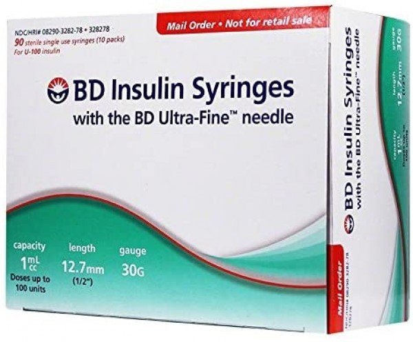 BD Ultra-Fine Insulin Syringes, 30 Gauge 1cc 1/2" (12.7mm) BD Item # 328278 -  Box of 90