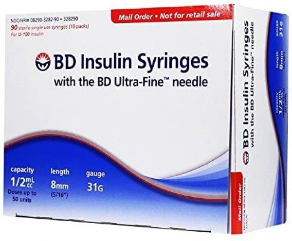 BD Ultra-Fine Insulin Syringes 31G 0.5cc 5/16" (8mm) BD Item # 328290 - Box of 90