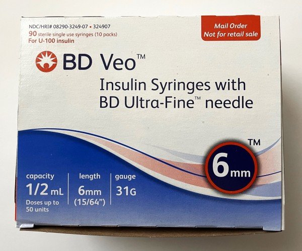 BD Veo™ Insulin Syringes Ultra-Fine™ Needle 31G  0.5cc 1/4" (6mm). BD Item # 324907 - Box of 90