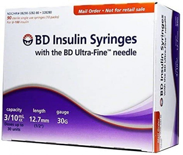 BD Ultra-Fine Insulin Syringes 30G 0.3cc  1/2" (12.7mm) BD Item # 328280 - Box of 90 (EXPIRATION 9/30/2024)
