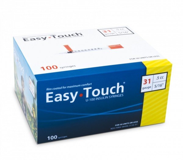 EasyTouch® U-100 Insulin Syringes 31g 0.5cc 5/16" Needle Length - Case of 500 