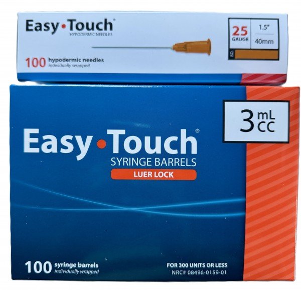 EasyTouch 3ml Luerlock Syringe Barrel with 25g x 1.5" (40mm) Needle - 100 Each. 