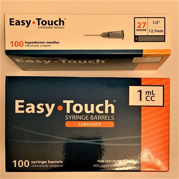 EasyTouch 1ml Luerlock Syringe Barrel with 27g x 1/2" Needle - 100 Each.