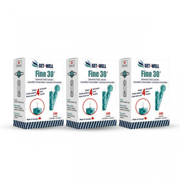 GET•WELL Fine 30g Universal Twist Lancets - Made in Canada !  Pack of 3 Boxes