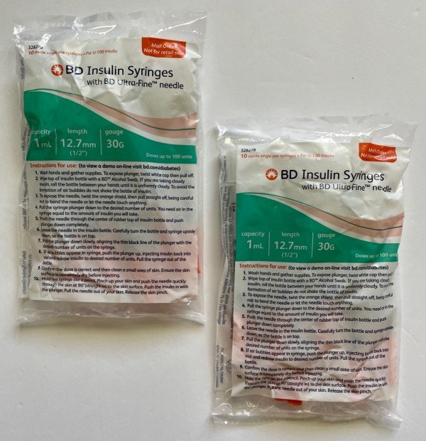 BD Ultra-Fine Insulin Syringes, 30 Gauge 1cc 1/2" (12.7mm) BD Item # 328278 -  20 Count