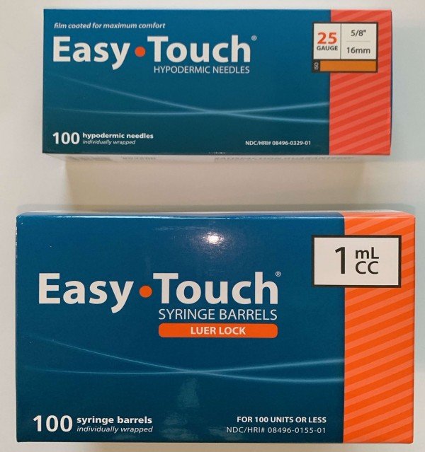 EasyTouch 1ml Luerlock Syringe Barrel with 25g x 5/8" Needle - 100 Each. 