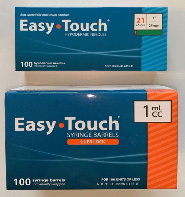 EasyTouch 1ml Luerlock Syringe Barrel with 21g x 1" Needle - 100 Each. 