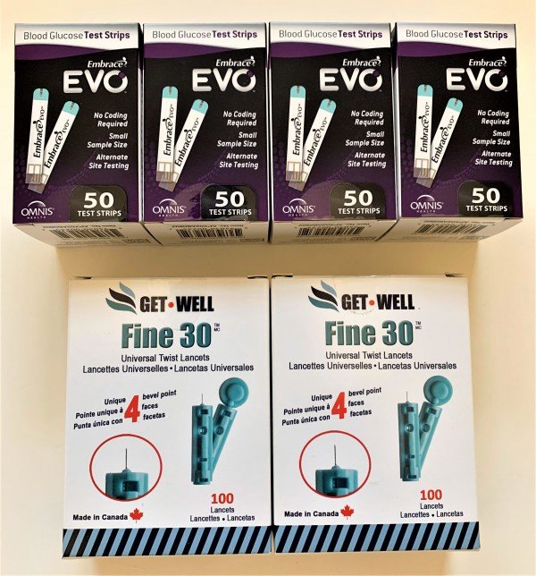 EMBRACE EVO BLOOD GLUCOSE TEST STRIPS 200 CT. & GET•WELL FINE 30G UNIVERSAL TWIST LANCETS 200 CT