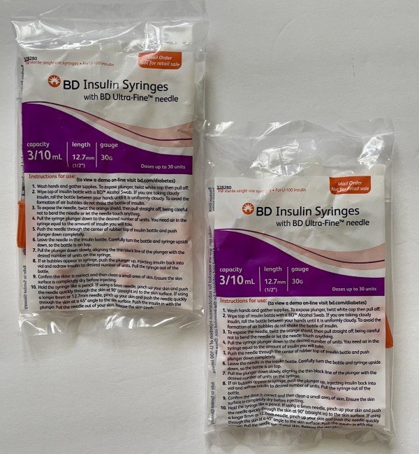 BD Ultra-Fine Insulin Syringes 30G 0.3cc  1/2" (12.7mm) BD Item # 328280 - 20 Count (EXPIRATION 9-30-24)