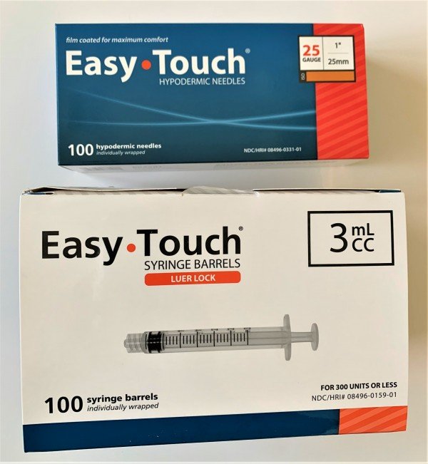 EasyTouch 3ml Luerlock Syringe Barrel with 25g x 1" Needle - 100 Each. 