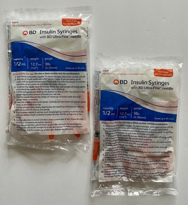 BD Ultra-Fine Insulin Syringes 30G 0.5cc  1/2" (12.7mm) BD Item # 328279 - 20 Count