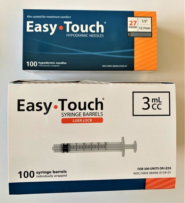 EasyTouch 3ml Luerlock Syringe Barrel with 27g x 1/2" Needle - 100 Each. 