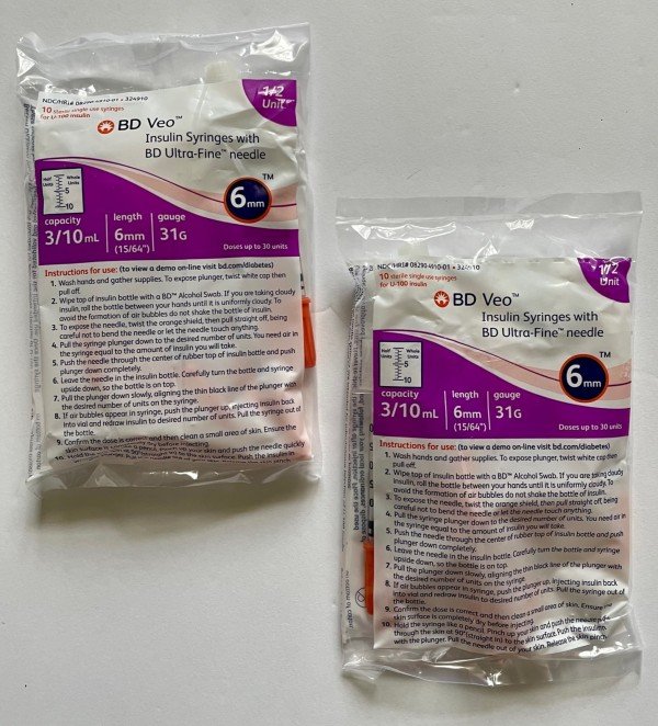 BD Veo™ Insulin Syringes Half Unit Scale Ultra-Fine™ Needle 31G 0.3cc 1/4" (6mm) BD Item # 324910 - 20 Count