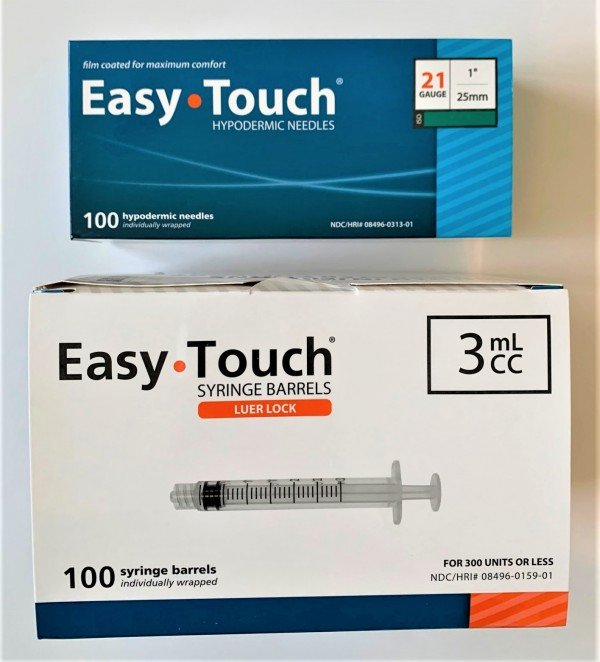 EasyTouch 3ml Luerlock Syringe Barrel with 21g x 1" Needle - 100 Each. 