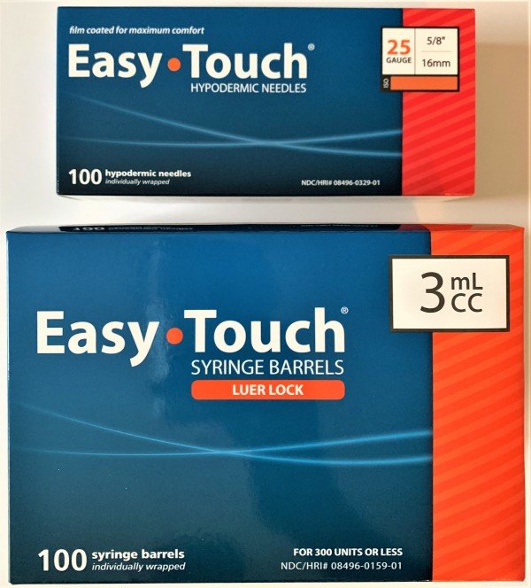 EasyTouch 3ml Luerlock Syringe Barrel with 25g x 5/8" Needle - 100 Each. 