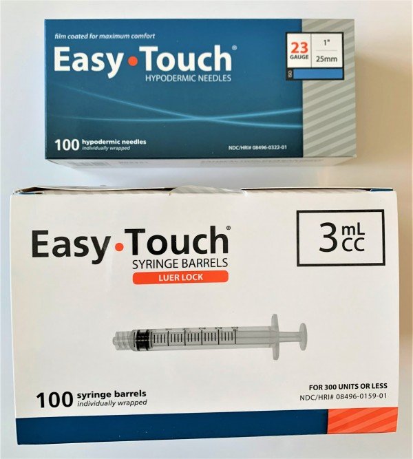 EasyTouch 3ml Luerlock Syringe Barrel with 23g x 1" Needle - 100 Each. 