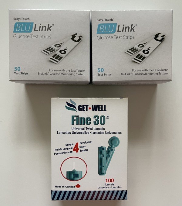 EasyTouch BLU Link  100 CT Blood Glucose Test Strips & GET•WELL Fine 30g Universal Twist Lancets 100 CT - Made in Canada !