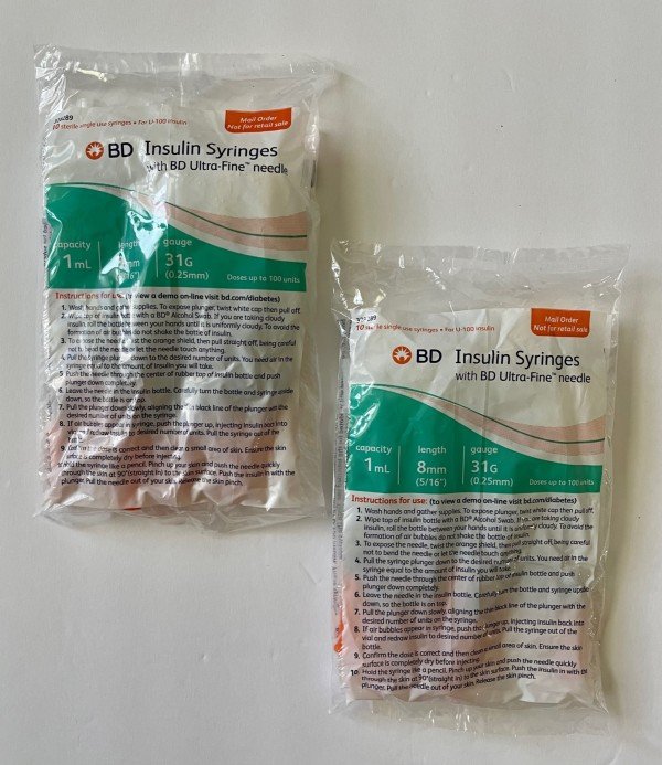 BD Ultra-Fine Insulin Syringes 31G 1cc 5/16" (8mm) BD Item # 328289 - 20 Count