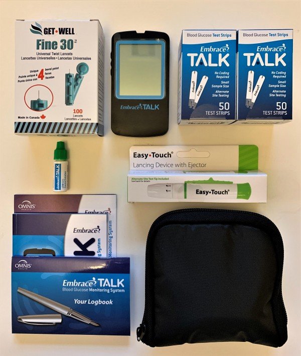 EMBRACE Meter, 100 Test Strips, Lancing Device, Control Solution,Logbook, Carrying Case, GET•WELL Fine 30g Universal Twist Lancets 100 Ct. 