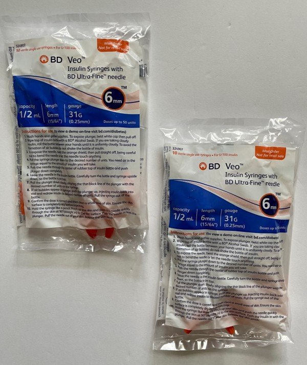 BD Veo™ Insulin Syringes Ultra-Fine™ Needle 31G  0.5cc 1/4" (6mm). BD Item # 324907 - 20 Count