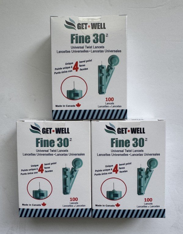 <Limited Time Deal> 3 Packs for  $9.49 !!! GET•WELL Fine 30g Universal Twist Lancets - Made in Canada !  Pack of 3 Boxes
