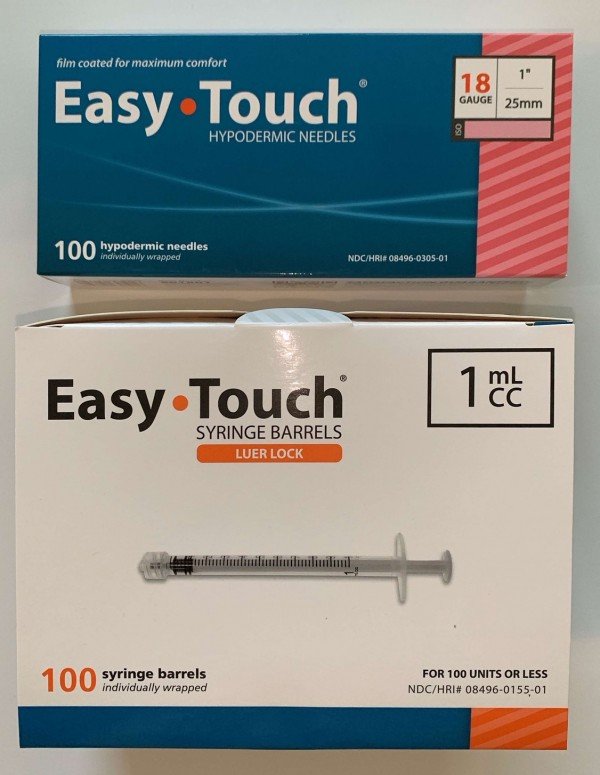 EasyTouch 1ml Luerlock Syringe Barrel with 18g x 1" Needle - 100 Each. 