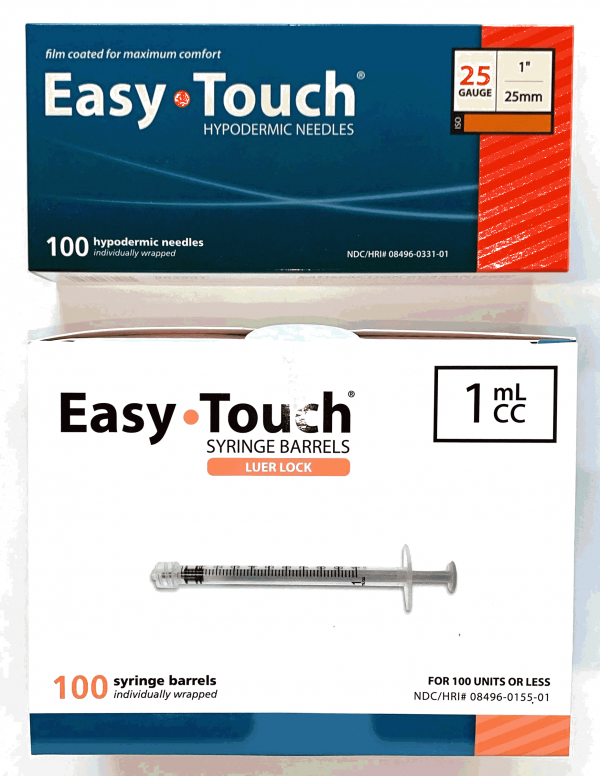 EasyTouch 1ml Luerlock Syringe Barrel with 25g x 1" Needle - 100 Each.