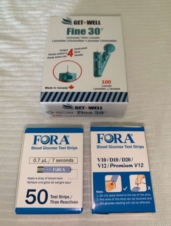 Fora V10/D10/D20/V12/Premium V12 Blood Glucose Test Strips 100 Ct. & GET•WELL Fine 30g Universal Twist Lancets 100 Ct