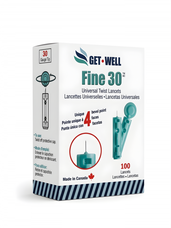 GET•WELL Fine 30g Universal Twist Lancets - Made in Canada ! Unique 4 Bevel Tip Offers Quick Healing & Less Pain !