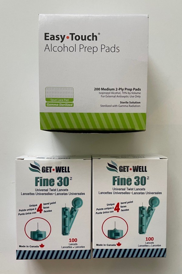 EasyTouch 200 Alcohol Prep Pads & 200 GET•WELL Fine 30g Universal Twist Lancets