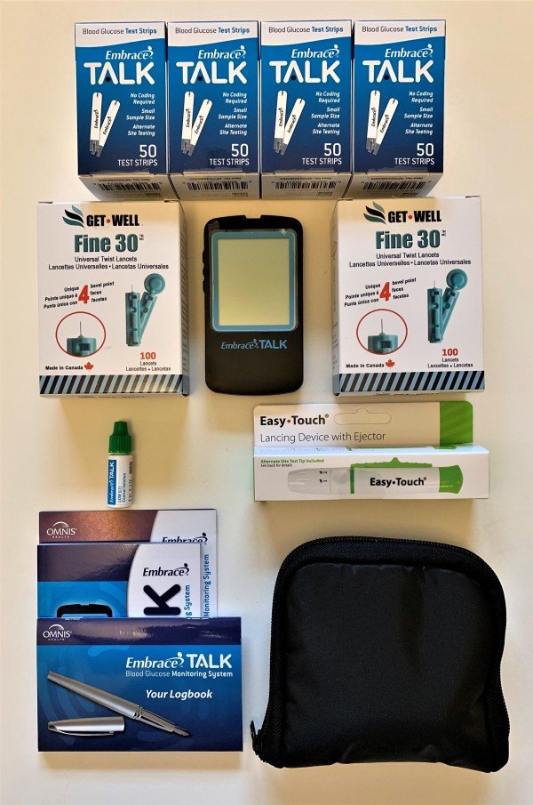EMBRACE Meter, 200 Test Strips, Lancing Device, Control Solution,Logbook, Carrying Case, GET•WELL Fine 30g Universal Twist Lancets 200 Ct. - Made in Canada !