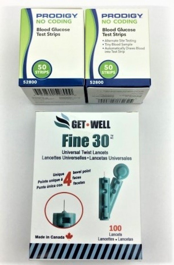 PRODIGY BLOOD GLUCOSE TEST STRIPS 100 CT. & GET•WELL FINE 30G UNIVERSAL TWIST LANCETS 100 CT.