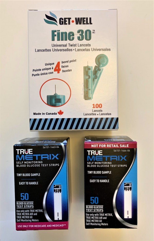 True Metrix 100 Ct. Blood Glucose Test Strips & 100 Ct. GET•WELL Fine 30g Universal Twist Lancets 