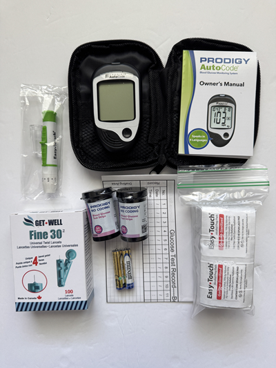 Prodigy AutoCode Blood Glucose Kit with 100 Test Strips, 100 GET•Well Lancets, 1 Lancing Device, 100 Alcohol Prep Pads