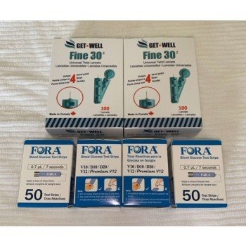 FORA V10/D10/D20/V12/PREMIUM V12 BLOOD GLUCOSE TEST STRIPS 200 CT. (EXP 03/2027) & GET•WELL FINE 30G UNIVERSAL TWIST LANCETS 200 CT
