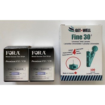 Fora V30/G30/Premium V10 Blood Glucose Test Strips 100 Ct. (EXP 10/2027) & GET•WELL Fine 30g Universal Twist Lancets 100 Ct.